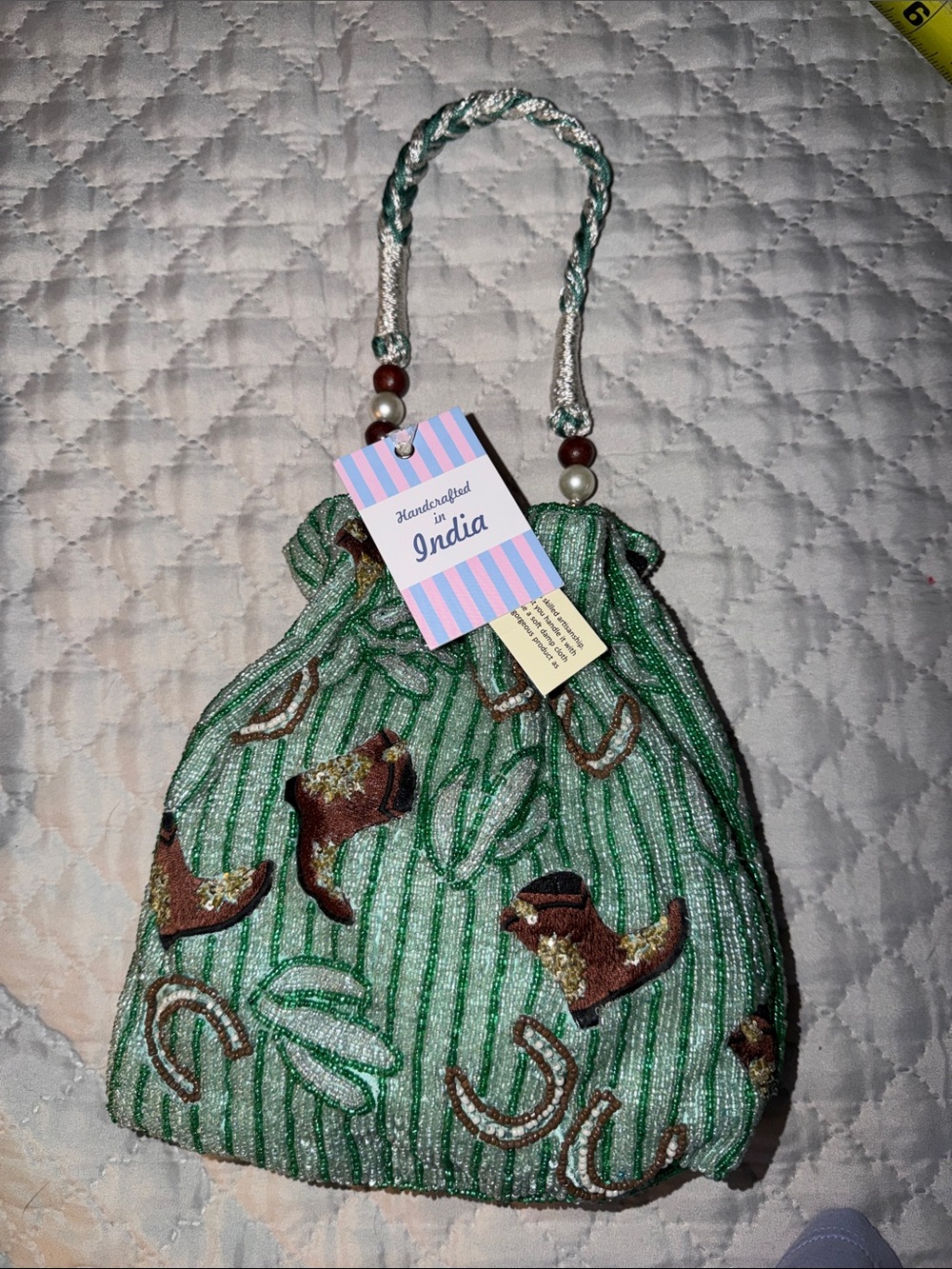 Beaded Green Cowboy Boot & Horseshoe Drawstring Evening Bag - Picture 3 of 7